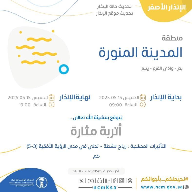 حالة الطقس اليوم في المدينة المنورة الإنذار الأصفر في بدر ووادي الفرع وينبع
