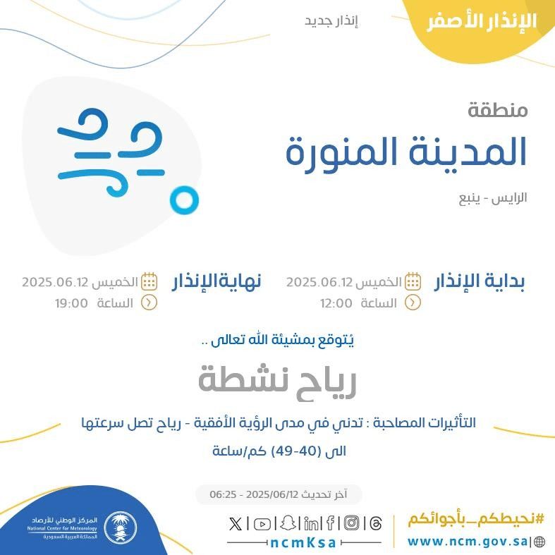 حالة الطقس اليوم في المدينة المنورة الإنذار الأصفر في الرايس وينبع