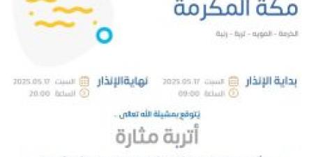 حالة الطقس اليوم في مكة المكرمة: الإنذار البرتقالي في الخرمة والمويه وتربة ورنية من هنا