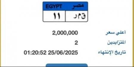"قمر - 11" أحدث لوحة سيارة مميزة مطروحة بالمزاد قيمتها 2 مليون جنيه .. ونهاية المزايدة 25 يونيو الجاري