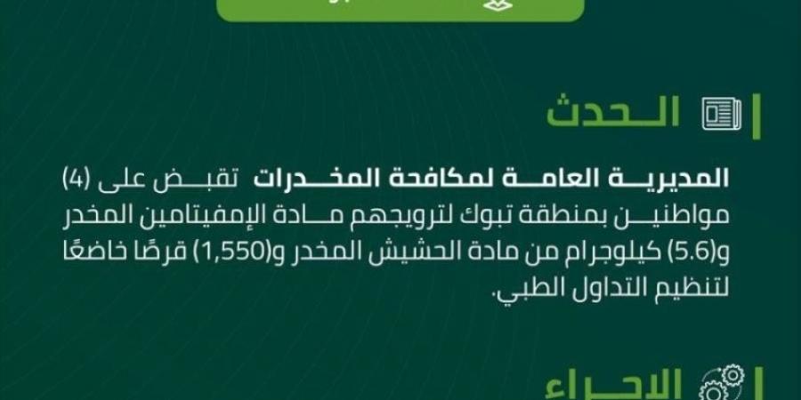 مكافحة المخدرات تقبض على 4 أشخاص في تبوك لترويجهم مواد مخدرة