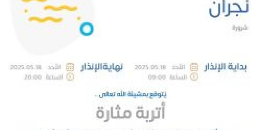 بالإنفوجرافيك .. حالة الطقس اليوم في نجران: الإنذار البرتقالي في شرورة