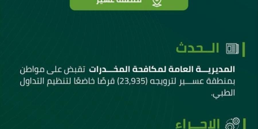 مكافحة المخدرات تقبض على شخص بعسير لترويجه 23,935 قرصًا خاضعًا لتنظيم التداول الطبي