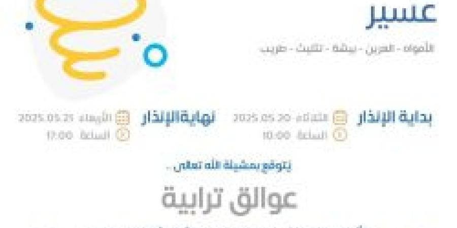 حالة الطقس اليوم في عسير: الإنذار الأصفر في الأمواه والعرين وبيشة وتثليث وطريب
