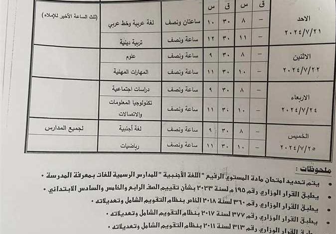 جدول امتحانات الدور الثاني 2024/2025 بالجيزة لجميع المراحل الدراسية